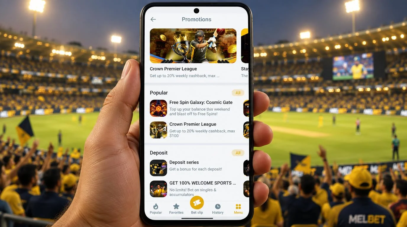 Melbet promotions page – Crown Premier League cashback and deposit bonuses